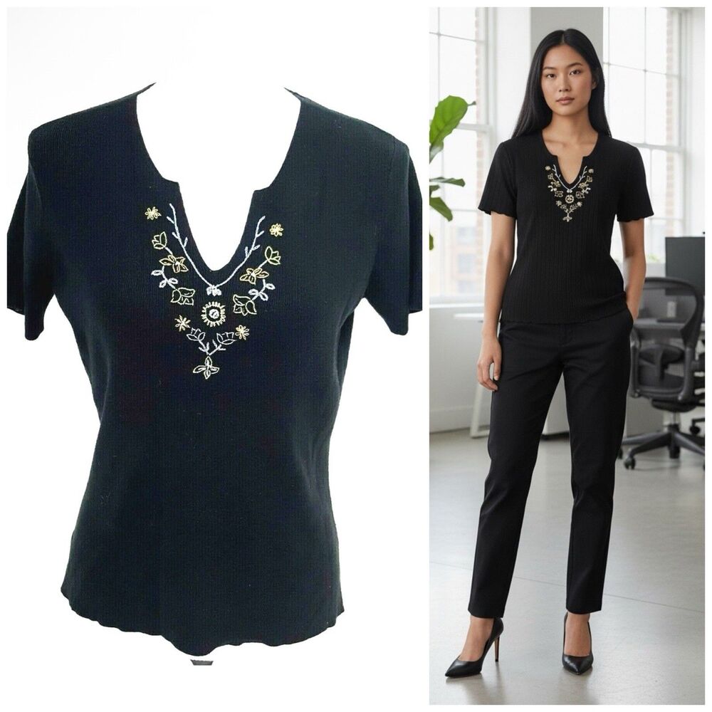 Kerri N Kelsey Top Women Medium Black Embroidery Cottage Boho Work Office Church